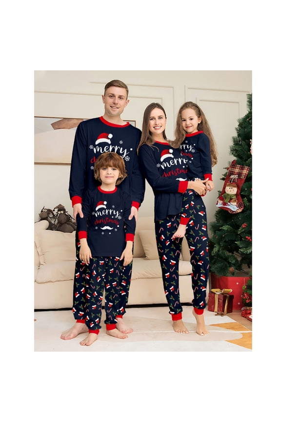 Family Matching Christmas Pajamas Set – Navy "Merry Christmas" Holiday Sleepwear for Women, Men – Festive Santa Hat & Snowflake Print