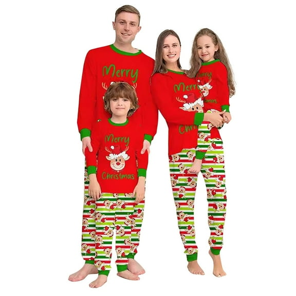 Onlypjs Family Matching Christmas Pajamas Set – Red & Green Reindeer "Merry Christmas" Holiday Sleepwear for Women, Men – Festive Striped Pants