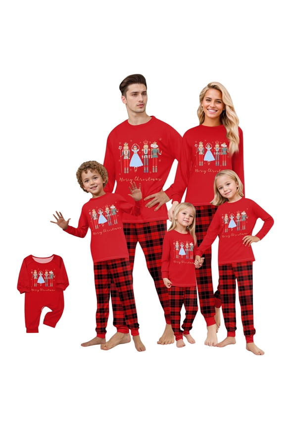 Family Matching Christmas Pajamas Sets – Nutcracker Holiday Print, Red Plaid Pants, Sizes for Women, Men, Couples
