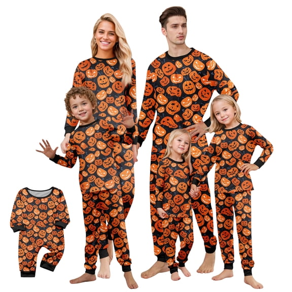 Onlypjs Halloween Family Matching Pajamas Set Allover Pumpkin Print Sleepwear Black Long Sleeve Holiday Loungewear Outfit