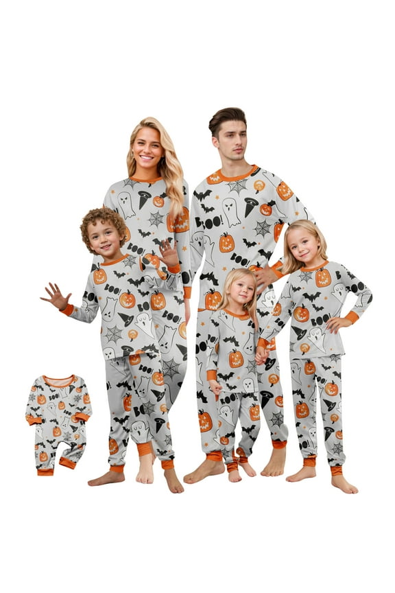 Halloween Family Matching Pajamas Set Boo Ghost Bat Pumpkin Print Sleepwear Long Sleeve Holiday Loungewear Outfit