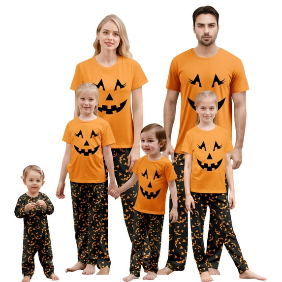 Onlypjs Halloween Family Matching Pajamas Set Pumpkin Face Sleepwear Orange Short Sleeve Top and Black Printed Pants Holiday Loungewear Outfit