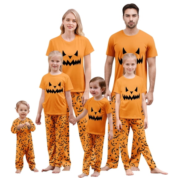Onlypjs Halloween Family Matching Pajamas Set Pumpkin Print Sleepwear Orange Short Sleeve Top and Allover Pumpkin Pants Holiday Loungewear Outfit