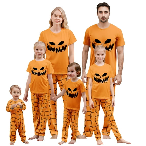 Onlypjs Halloween Family Matching Pajamas Set Scary Pumpkin Face Sleepwear Orange Short Sleeve Tops with Pumpkin Print Pants Holiday Loungewear Outfit