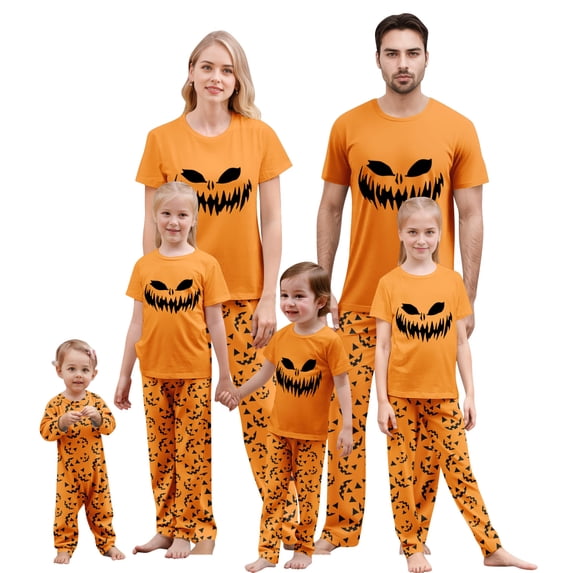 Onlypjs Halloween Family Matching Pajamas Set Scary Pumpkin Face Sleepwear Orange Short Sleeve Tops with Pumpkin Print Pants Holiday Loungewear Outfit