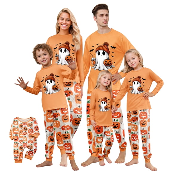 Onlypjs Halloween Matching Pajamas for Family Pumpkin Ghost Print Long Sleeve Orange Sleepwear Set Holiday Loungewear