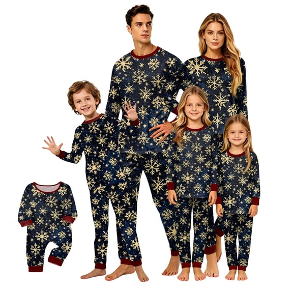 Onlypjs Matching Christmas Pajamas for Family, Gold Snowflake Print Long Sleeve Sleepwear, Holiday Lounge Sets for Couples, Women and Men