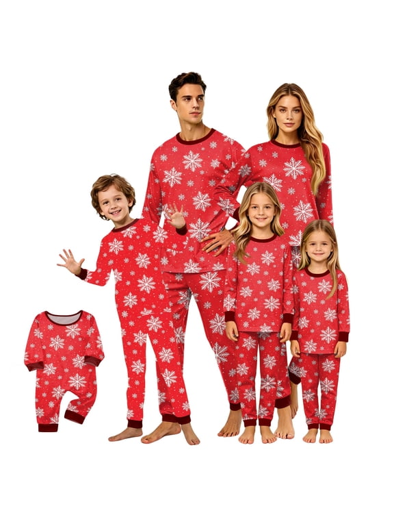 Matching Family Christmas Pajamas, Red Snowflake Print Long Sleeve Sleepwear, Holiday Lounge Sets for Couples, Women and Men