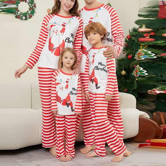 Onlypjs Matching Family Christmas Pajamas – Red & White Striped Santa Print Long-Sleeve Lounge Set for Women, Men, Couples