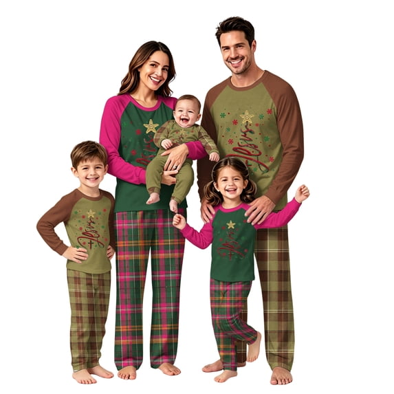 Onlypjs Matching Family Christmas Pajamas Set Jesus Tree Graphic Raglan Tops Plaid Pants Holiday Sleepwear Loungewear for Couples, Men and Women