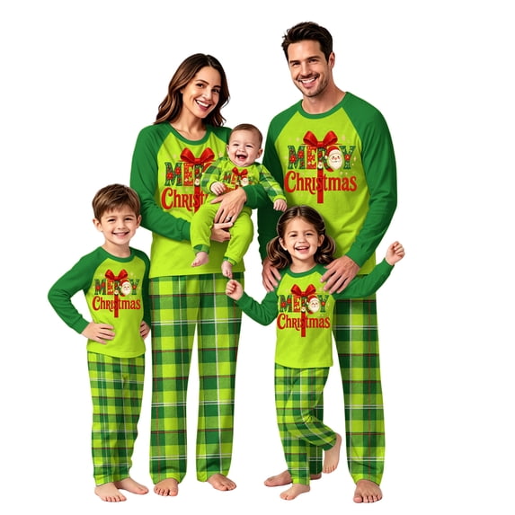 Onlypjs Matching Family Christmas Pajamas Set Kelly Lime Green Santa Bow Raglan Tops Plaid Pants Holiday Sleepwear Loungewear for Couples, Men and Women
