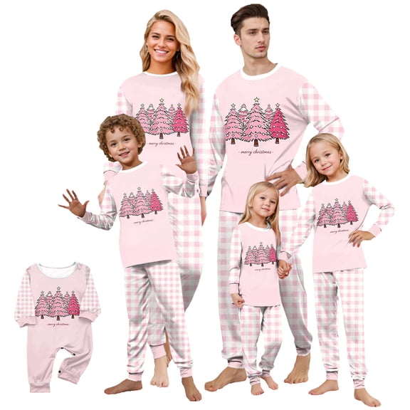 Onlypjs Matching Family Christmas Pajamas Set Pink Gingham Plaid Sleepwear Holiday Graphic Loungewear for Couples, Women and Men