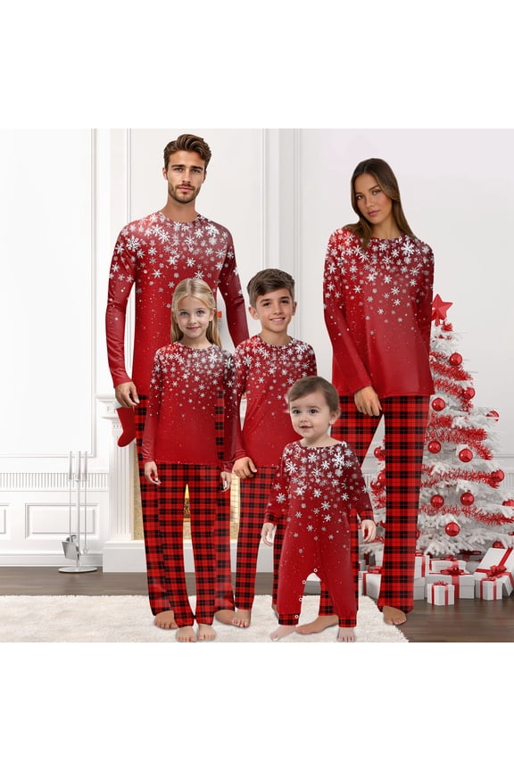 Matching Family Christmas Pajamas Set for Men, Women and Couples – Red Snowflake Tops & Plaid Pants Holiday Sleepwear