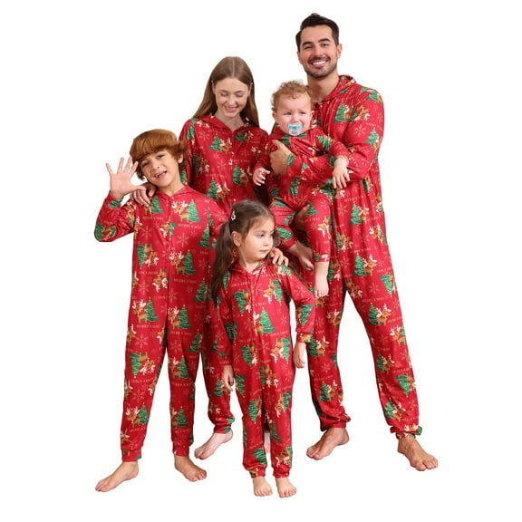 Onlypjs Matching Family Christmas Pajamas Set with Hood – Festive Red Christmas Tree Holiday Sleepwear for Women, Men, Couples