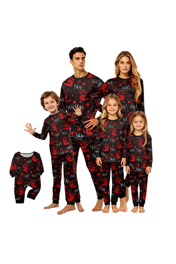 Matching Pajamas Halloween Pajamas Set, Black and Red Handprint Horror Sleepwear Sets for Couples, Men and Women