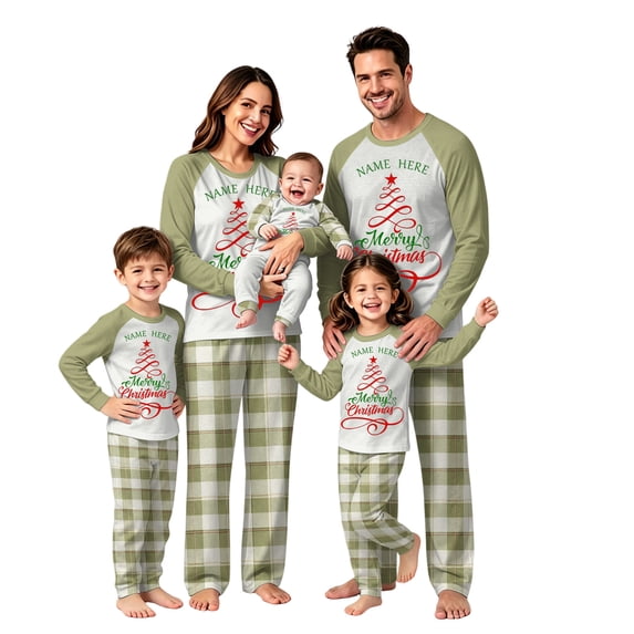 Onlypjs Personalized Family Christmas Pajamas Matching Sets, Custom Name Raglan Tops with Plaid Pants, Holiday Sleepwear for Couples, Women and Men