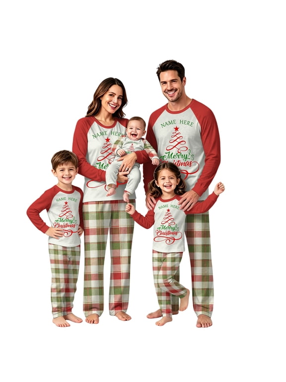 Personalized Family Christmas Pajamas Matching Sets, Custom Name Raglan Tops with Plaid Pants, Holiday Sleepwear for Couples, Women and Men