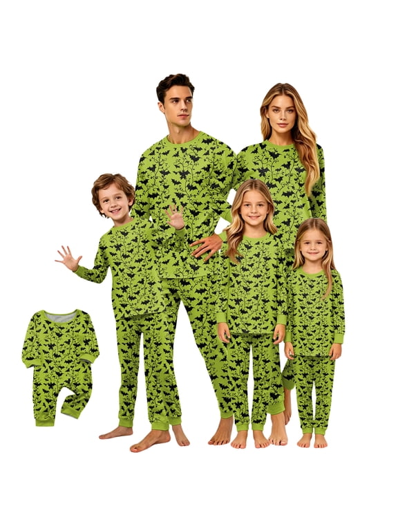 Spooky Black Bat Lime Green Family Halloween Pajamas Matching Sets Gothic Vine Sleepwear Loungewear Outfits for Men Women Couples