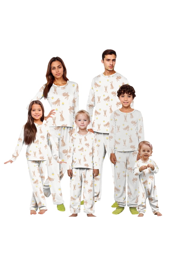 Spring Family Matching Pajamas Bunny Print Long Sleeve Tops and Pants 2 Piece Easter Holiday Lounge Set