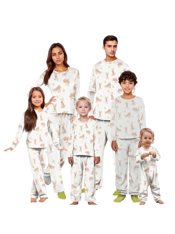 Spring Family Matching Pajamas Bunny Print Long Sleeve Tops and Pants 2 Piece Easter Holiday Lounge Set