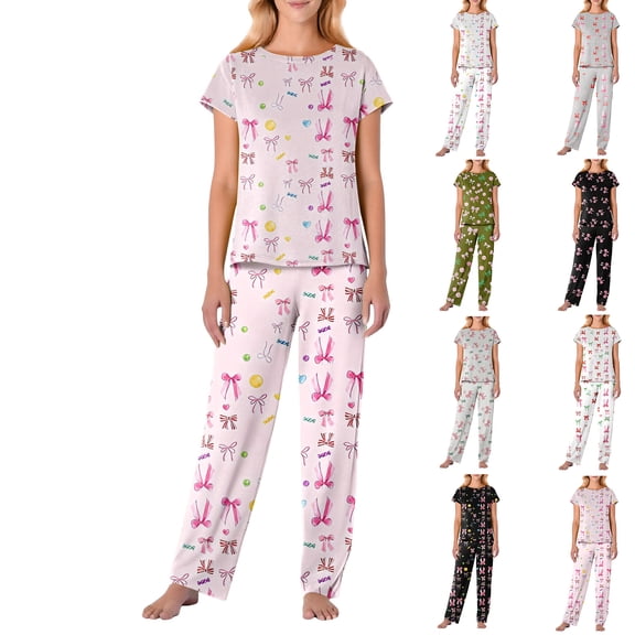 Onlypjs Valentine's Day Bow Print Pajamas for Women, Cute Soft Short SLeeve Loungewear Sleepwear 2 Piece Set