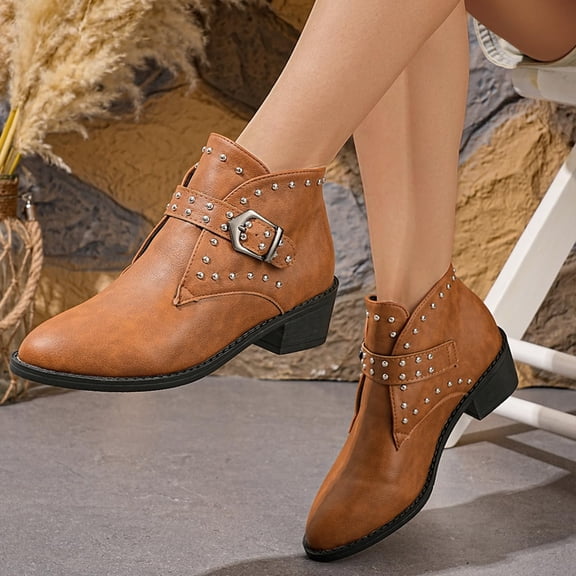 Onlyshoes Women's Studded Ankle Boots Leather Multiple Buckle Chunky Heel Booties Almond Toe Punk Boot, Gifts for Women Mother Girlfriend