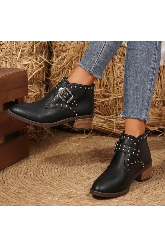 Women's Studded Ankle Boots Leather Multiple Buckle Chunky Heel Booties Almond Toe Punk Boot, Gifts for Women Mother Girlfriend