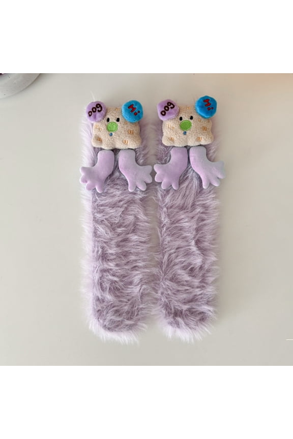 Funny Cozy Fluffy Cartoon Monster Silly Socks for Family, 3D Crazy Novelty Face Winter Warm Thick Socks, Light Purple