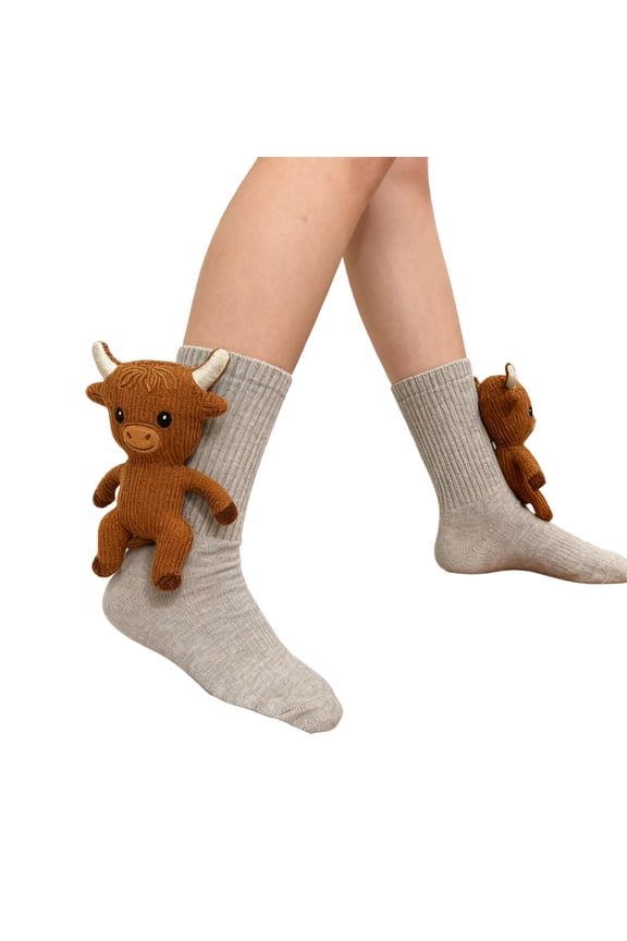 Soft Cozy 3D Knit Animal Socks for Women Men, Fun Cute Plush Animals Hug Crew Socks, Highland Cow
