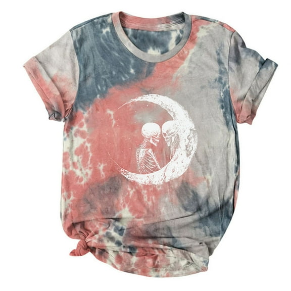 Onlywo Blouses for Women Plus Size, Fashion Women Summer Short Sleeve Tops Round Neck Short Sleeve Loose Pullover Retro Skull Moon Print Comfy T Shirt