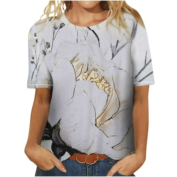 Onlywo Blouses for Women Plus Size, Fashion Women Summer Short Sleeve Tops Floral Print Round Neck Pullover Trendy Loose Comfy T Shirt Blouse
