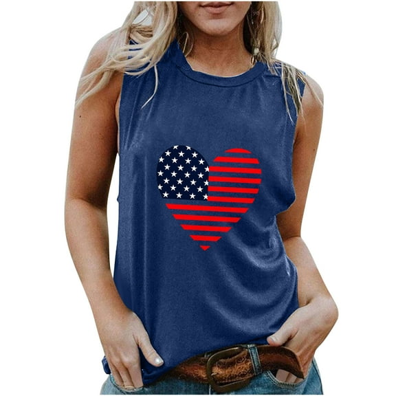 Onlywo Blouses for Women Plus Size, Fashion Women Summer Sleeveless T Shirt Casual Independence Day Print Round Neck Tank Top Loose Comfy Vest Blouse