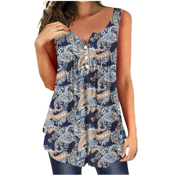 Onlywo Blouses for Women Plus Size, Women's Casual Tank Tops Sleeveless Button V Neck Loose T Shirt Floral Print Trendy Comfortable Blouse