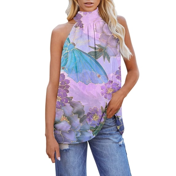 Onlywo Blouses for Women Plus Size, Women's Summer Sleeve T Shirt Casual Off Shoulder Turtleneck Blouse Butterfly Print Loose Comfortable Tank Tops