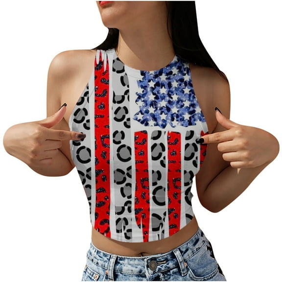Onlywo Blouses for Women Plus Size, Women's Summer Sleeveless Navel Vest Independence Day Print Round Neck Wrap Chest Tank Tops Trendy Slim Tops