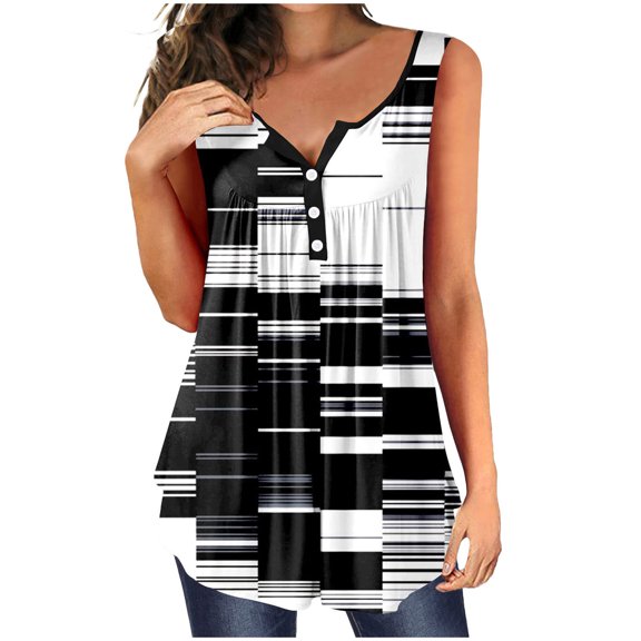 Onlywo Blouses for Women Plus Size, Women's Summer Sleeveless T Shirt Casual Button V Neck Tank Top Floral Print Pleated Loose Comfortable Blouse