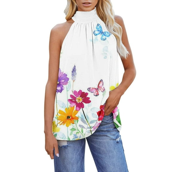 Onlywo Blouses for Women Plus Size, Women's Summer Sleeveless Tank Top Sexy Off Shoulder Halter Turtleneck Loose Blouse Butterfly Print Comfy Tops