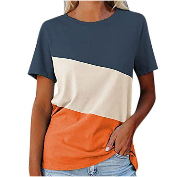 Onlywo Women's Casual T Shirt Short Sleeve Crew Neck Loose Pullover Color Block Patchwork Comfortable Blouse Tops