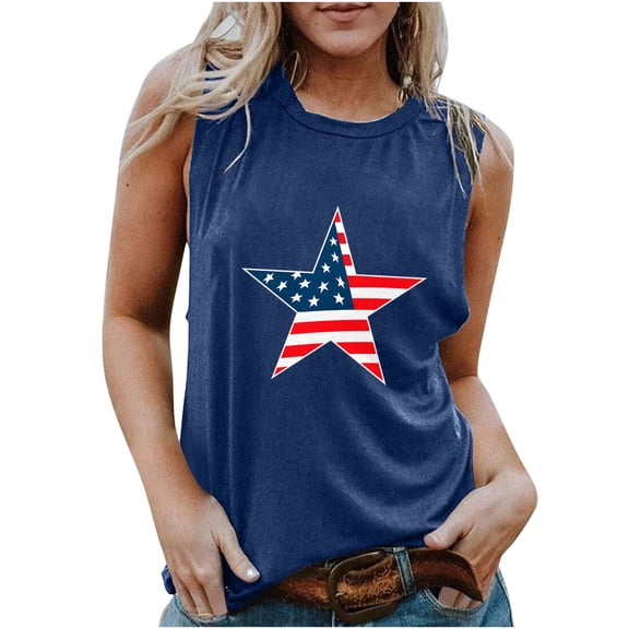 Onlywo Womens Tops Dressy Casual, Independence Day Tops For Women Casual Sleeveless Round Neck Loose T Shirt Trendy Comfortable Tank Top Blouse