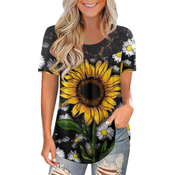Onlywo Womens Tops Dressy Casual, Women's Casual Plus Size Short Sleeve T Shirt Round Neck Lace Splicing Loose Pullover Sunflower Print Comfy Tops