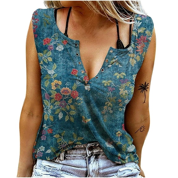 Onlywo Womens Tops Dressy Casual, Women's Summer Casual Tank Tops Eyelet Sleeveless V Neck T-Shirt Floral Print Slim Comfortable Blouse
