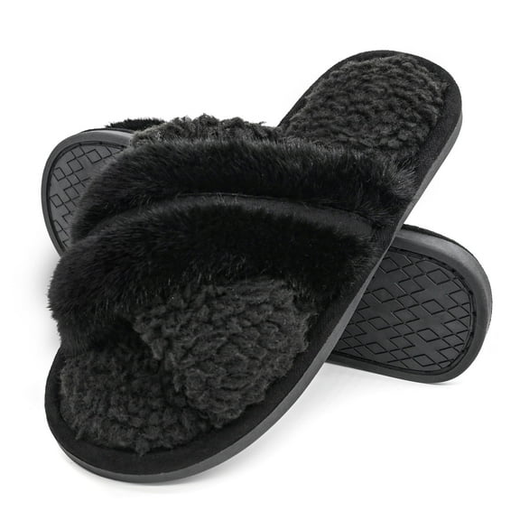 Onmygogo Slipper for Women with Fuzzy Cross Band, Open Toe, Memory Foam, Soft Faux Fur, Nonslip, Black, 7-8