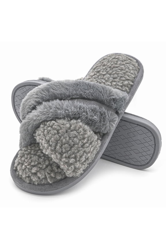 Fuzzy Cross Band Slippers for Women Open Toe with Memory Foam, Soft Faux Fur Nonslip House Slippers(Grey,L)