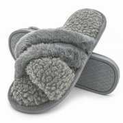 Onmygogo Fuzzy Cross Band Slippers for Women Open Toe with Memory Foam, Soft Faux Fur Nonslip House SlippersGrey,M