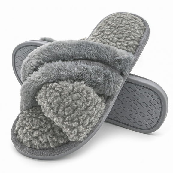 Onmygogo Fuzzy Cross Band Slippers for Women Open Toe with Memory Foam, Soft Faux Fur Nonslip House Slippers(Grey,M)