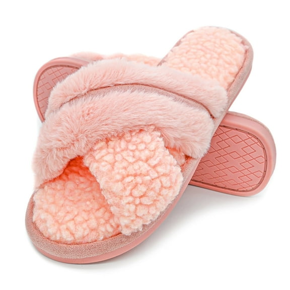 Onmygogo Fuzzy Cross Band Slippers for Women Open Toe with Memory Foam, Soft Faux Fur Nonslip House Slippers(Pink,M)