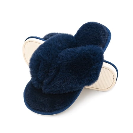Onmygogo Fuzzy Indoor Flip-flop Slippers for Women Open Toe with Memory Foam, Soft Faux Fur Nonslip House Slippers(Plum,S)