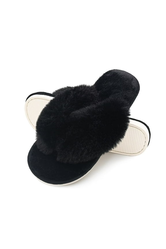Fuzzy Indoor Flip-flop Slippers for Women Open Toe with Memory Foam, Soft Faux Fur Nonslip House Slippers(Raven,M)