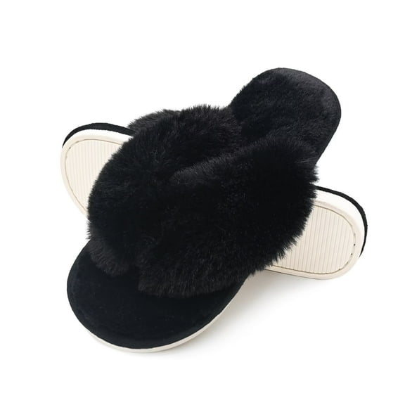 Onmygogo Fuzzy Indoor Flip-flop Slippers for Women Open Toe with Memory Foam, Soft Faux Fur Nonslip House Slippers(Raven,S)