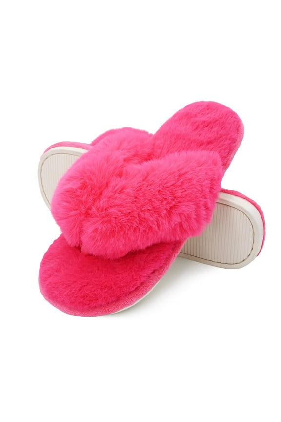 Fuzzy Indoor Flip-flop Slippers for Women Open Toe with Memory Foam, Soft Faux Fur Nonslip House Slippers(Rose,M)